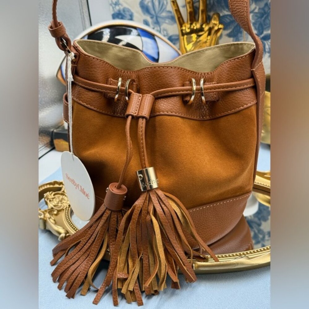 🆕 SEE BY CHLOE 🧿 NWT Vicki Bucket Bag, Caramello Leather & Suede - Picture 4 of 16